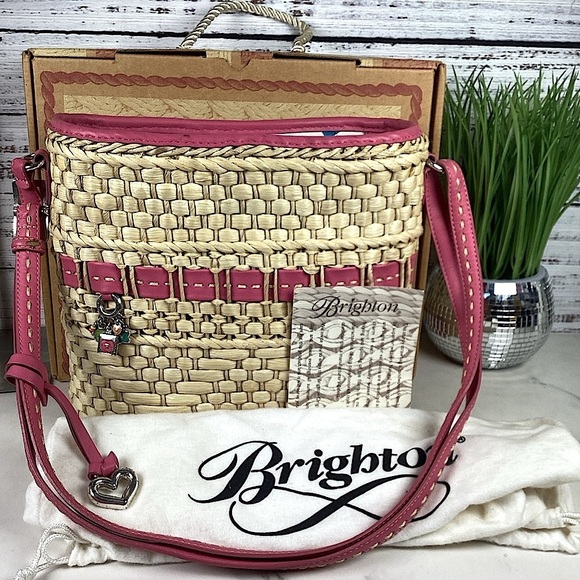 Brighton‎ Carmella Straw Basket Woven Shoulder Bag Pink Leather Trim Summer - Picture 2 of 14